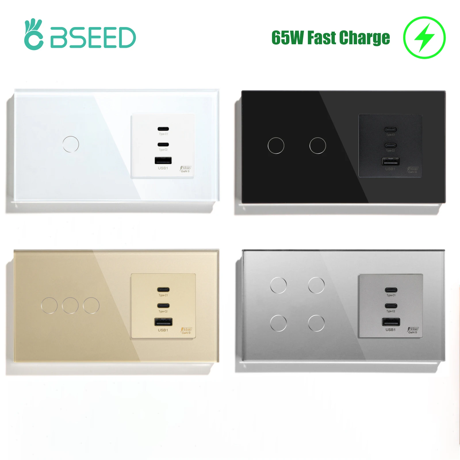 BSEED Touch Light Switch 1/2/3Gang 1Way With 65W USB Type-C Charge Port Quick Charge Adapter Glass Panel 300W Power Led Switch