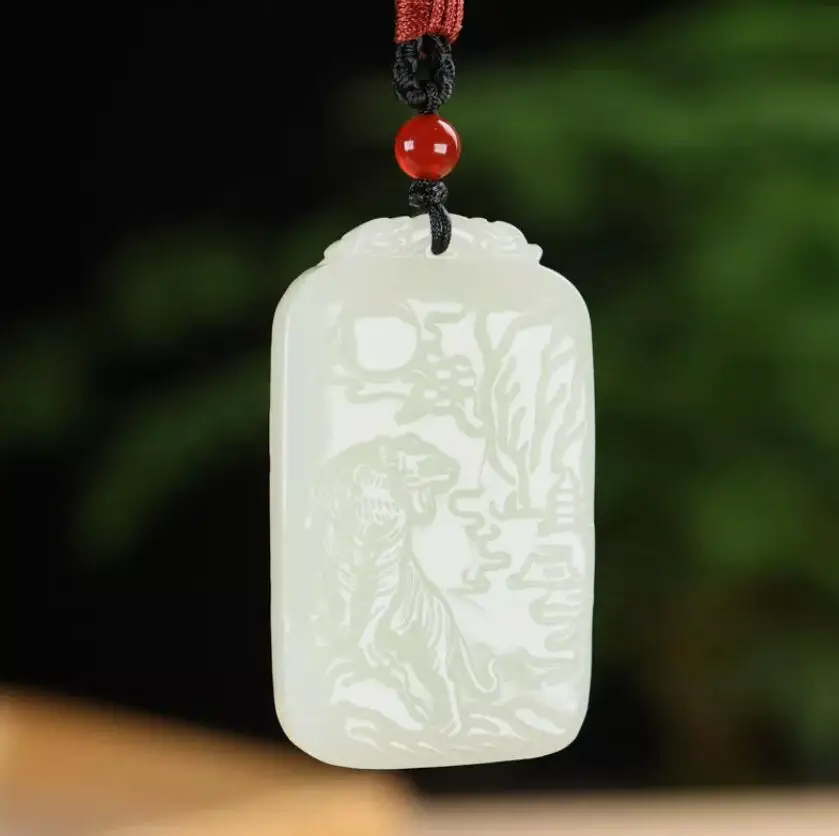 Chinese Grade A Natural White HeTian Jade jadeite Hand-Carved pendant Tiger