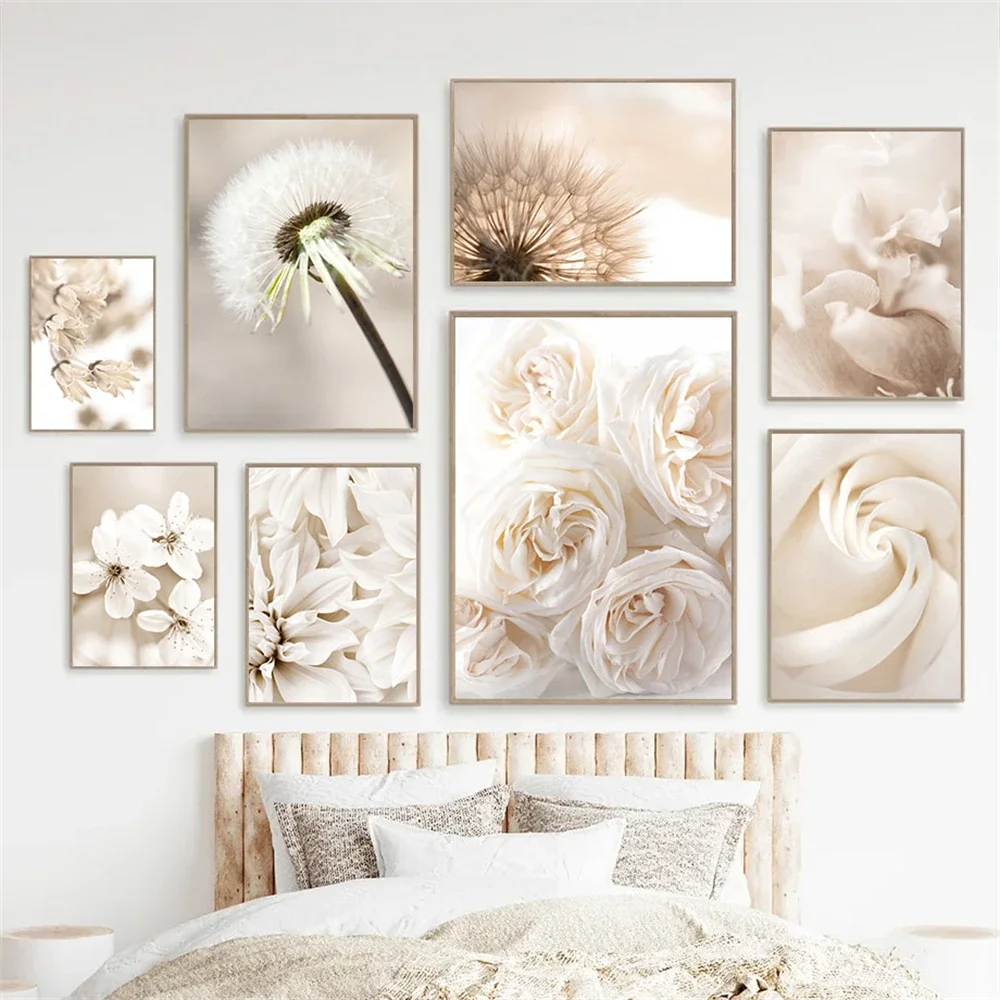 (No frame)Póster de rosa y peonía Beige, pintura artística en lienzo de flores botánicas, imágenes impresas de diente de león