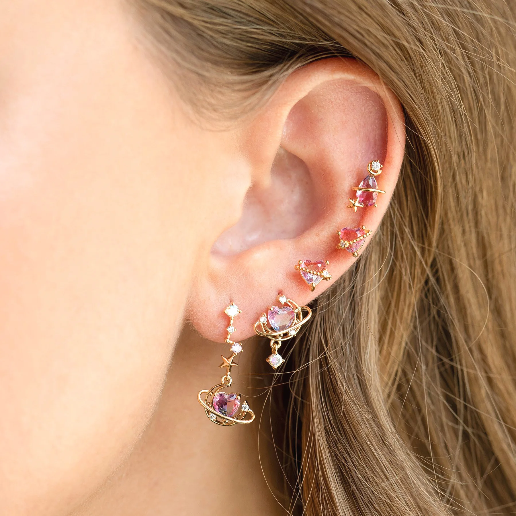 New Ins Asymmetric Moon Heart Earring For Women Cute Gold-plated Pink Zircon Heart Stud Earrings Fashion Aesthetic Jewelry Gift