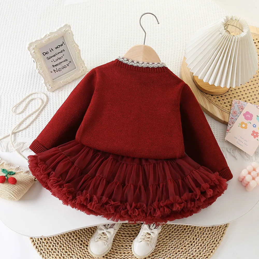 Basic Sweet Fall Winter Sweater 2PCS SETS kids' sets and outfits for Girls Clothes Baby Girl Clothes Knit Top + Tulle Skirt