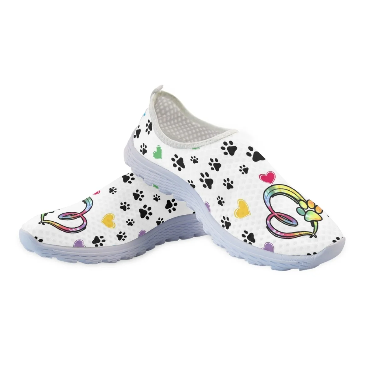 INSTANTARTS Colorful Dog Paw Print Love Ladies Cute Summer Outdoor Sneakers Casual Comfortable Flats Niche Mesh Walking Shoes