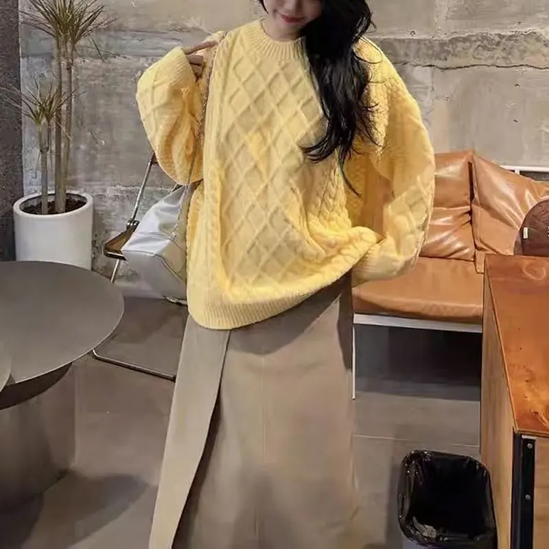 Gentle Yellow Loose Knitted Pullovers Women's Clothing Casual Round Neck Autumn Winter Solid Color Korean Long Sleeve Sweaters