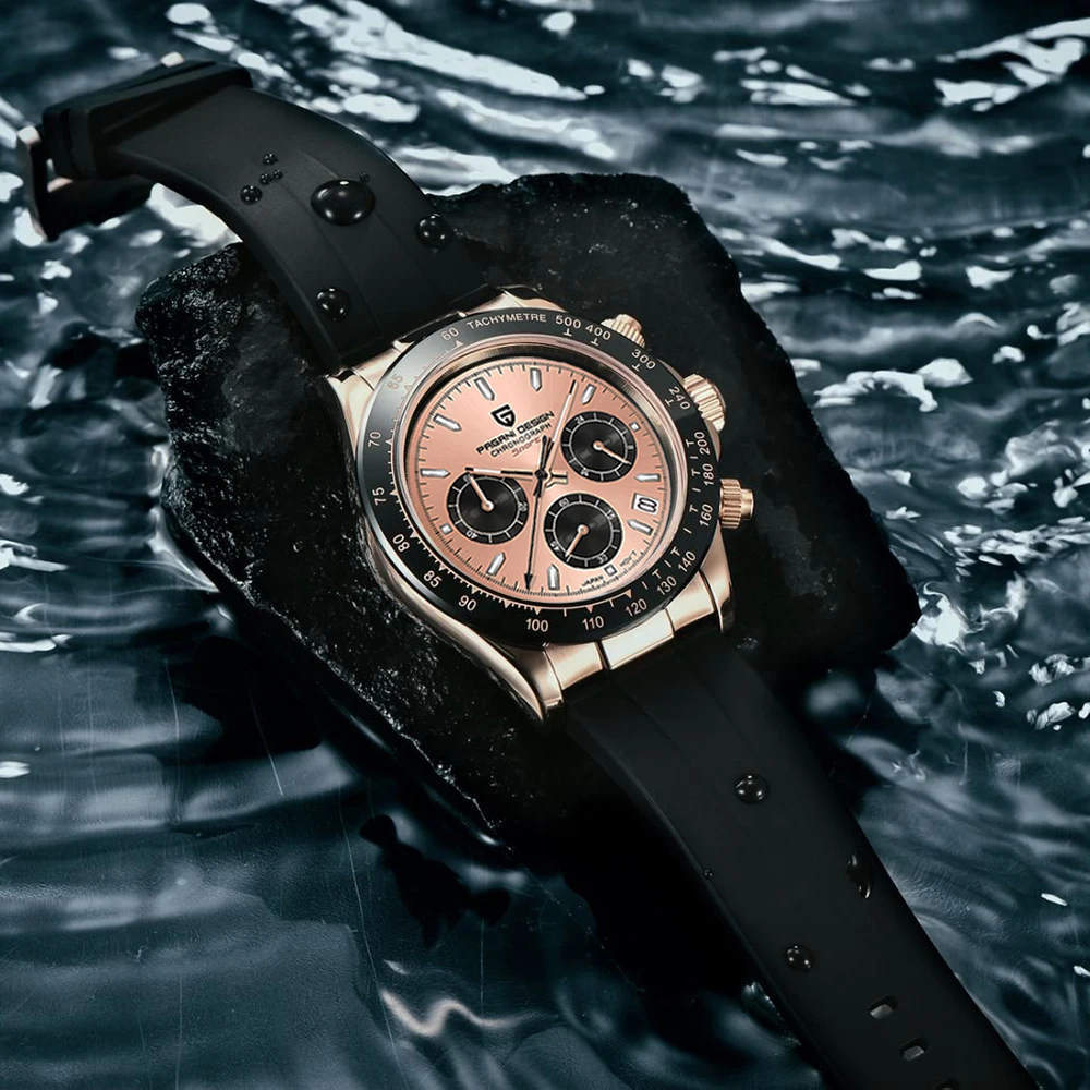 

PAGANI DESIGN Luxury RoseGold Fashion Commercial Watch Outdoor Waterproof Rubber Night Light Multi functional Timing Men's Watch