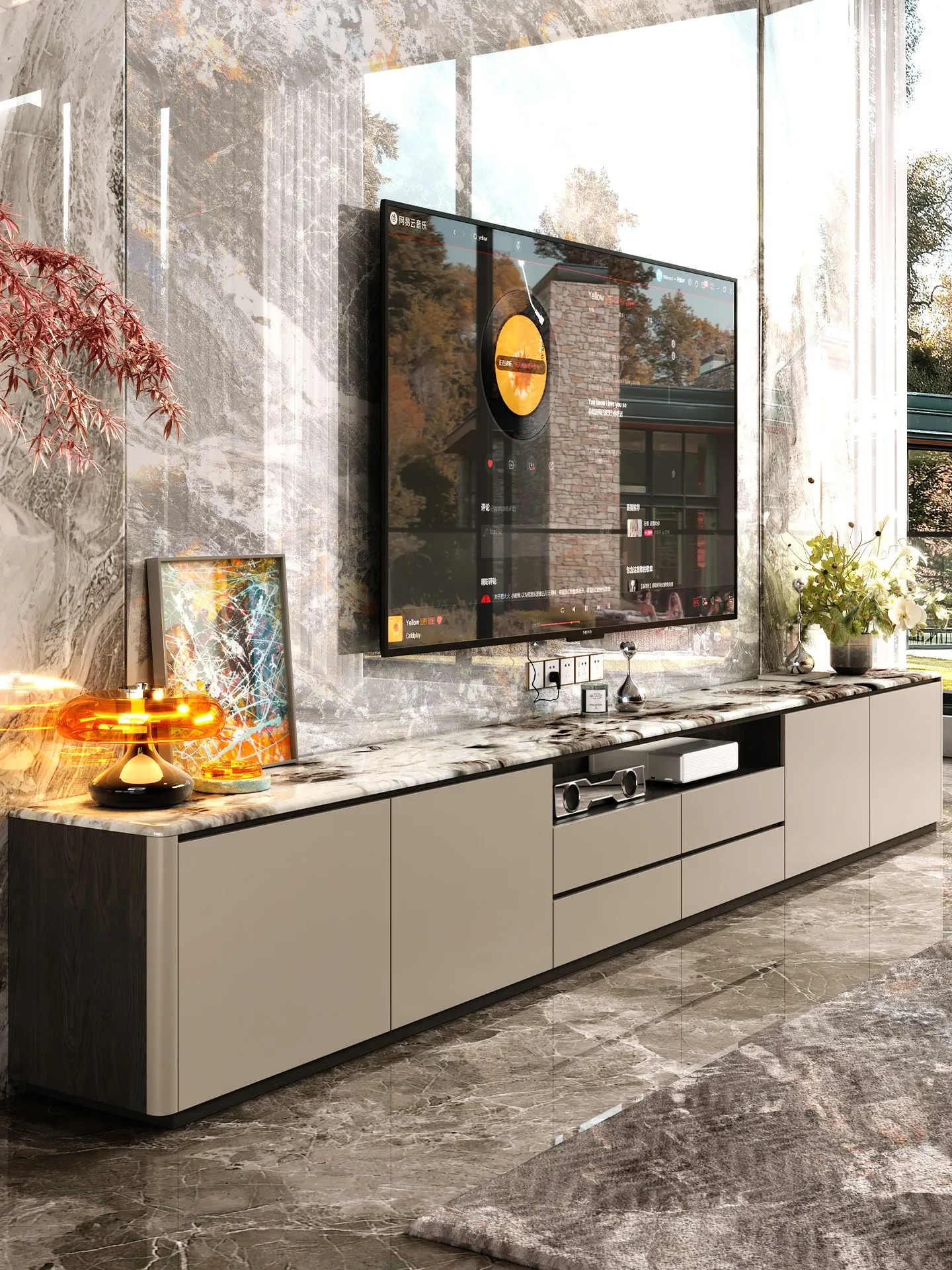 

PYH natural marble new TV cabinet marble floor light luxury high-end solid wood villa large flat floor high