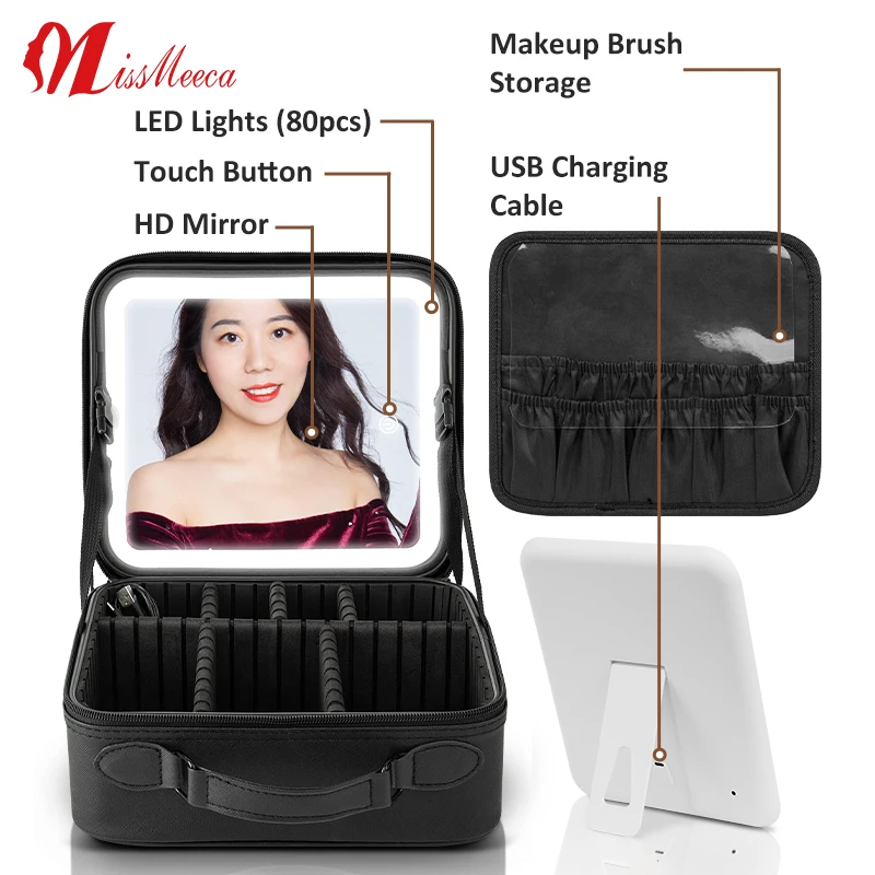 

MissMeeca Removable Mirror Makeup Train Case Portable Handbag LED Mirror Cosmetic Travel Case Dividers Toiletry Bag for Lady