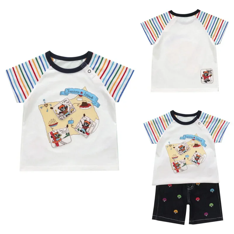 

1-7y T-shirts Boys Clothes Summer New Cartoon Black Bear Travel Embroidery Short Sleeve T-shirt with Top Underneath