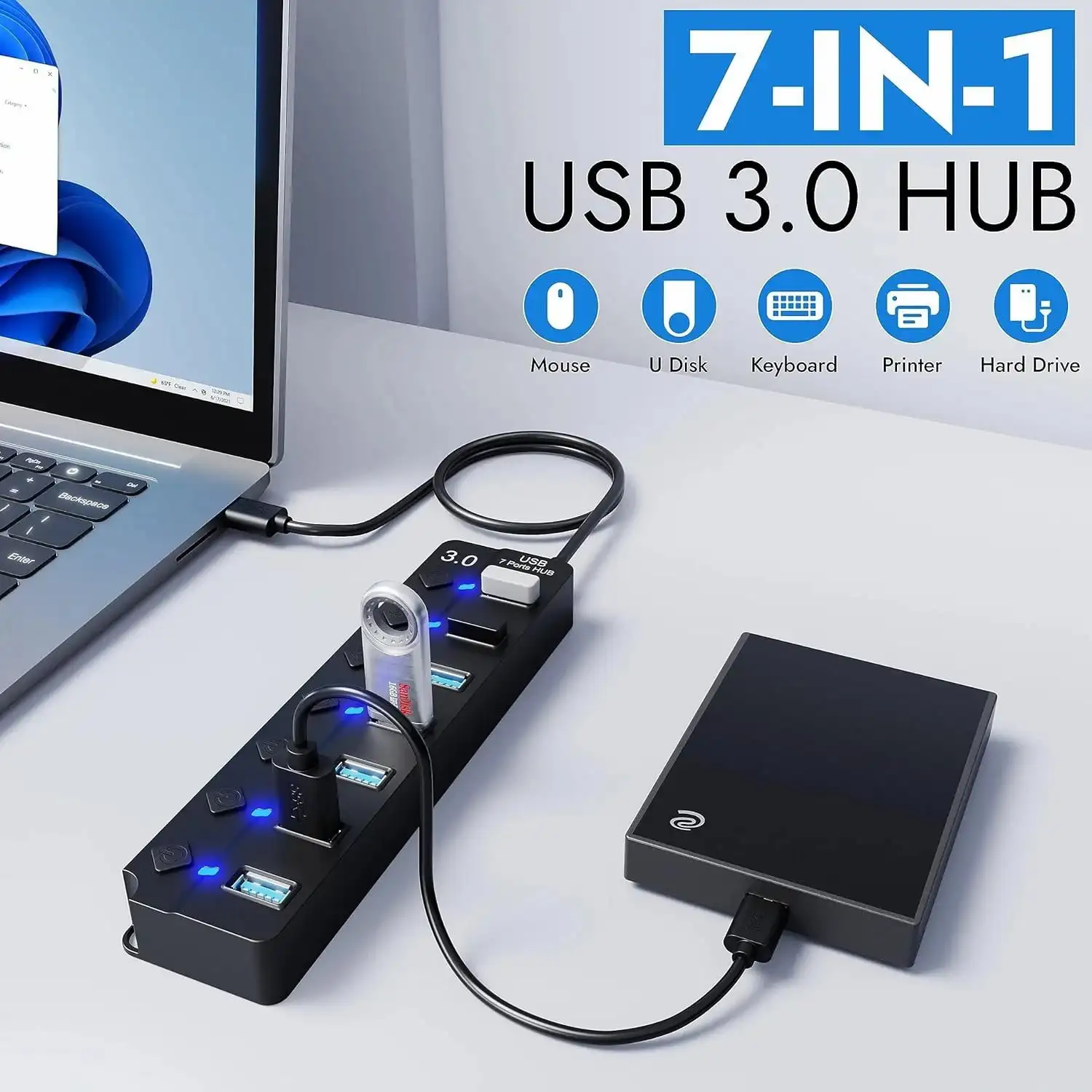 7 منافذ USB Hub Splitter 1 USB 3.0 و6 USB 2.0 مع مفاتيح تشغيل/إيقاف فردية وأضواء كابل طويل 1.2 متر لأجهزة MacBook والكمبيوتر المحمول #2