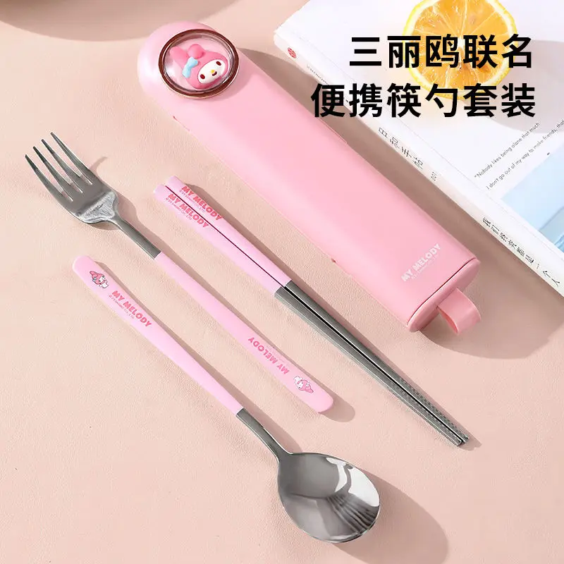 Sanrios Hellokittys Tableware Set 3Pcs Cinnamoroll Cute Home Chopsticks Anime Spoon Cartoon Fork Childrentravel Portable Cutlery