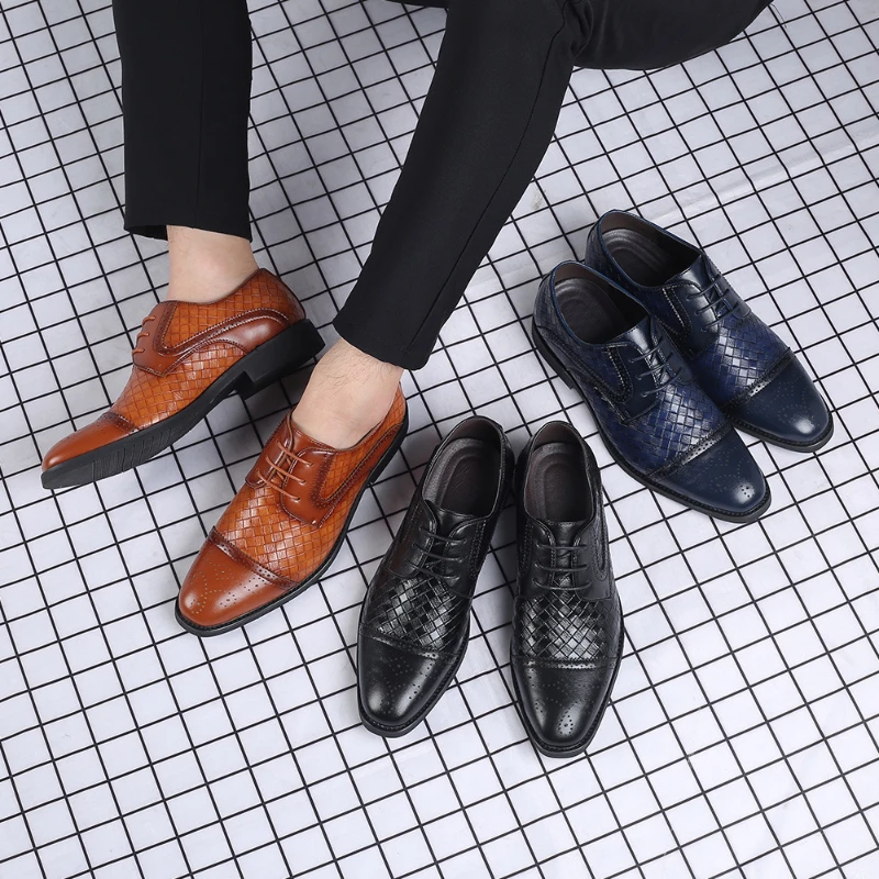 

Leisure Brown Woven Check Pattern Formal Leather Shoes Lace Up Cap Toe Business Oxfords Groom Wedding Shoes Plus Size Footwear