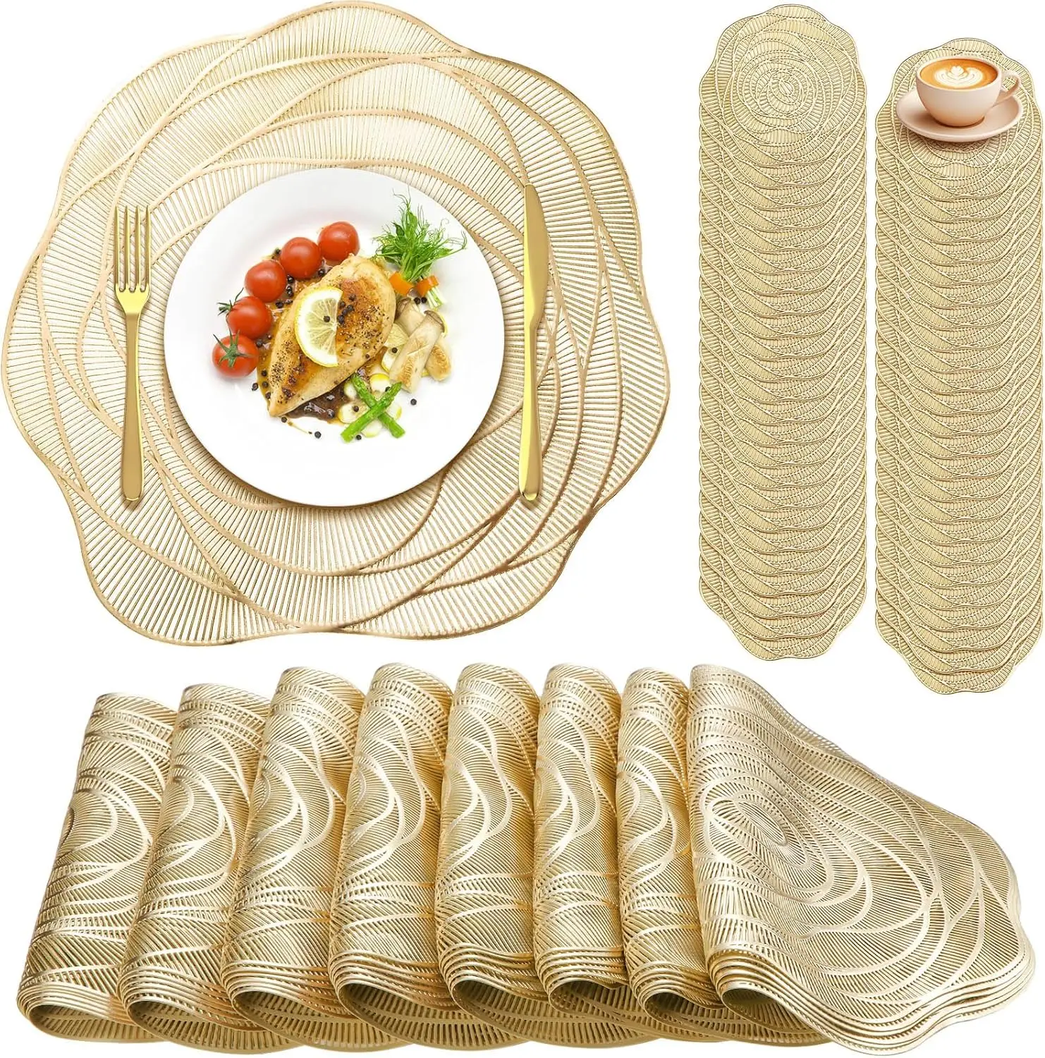 

48 Set 15 Inch Round Pressed Vinyl Placemats Hollow Out Rose Placemat Set with Coasters for Wedding Dining Kitchen Gold
