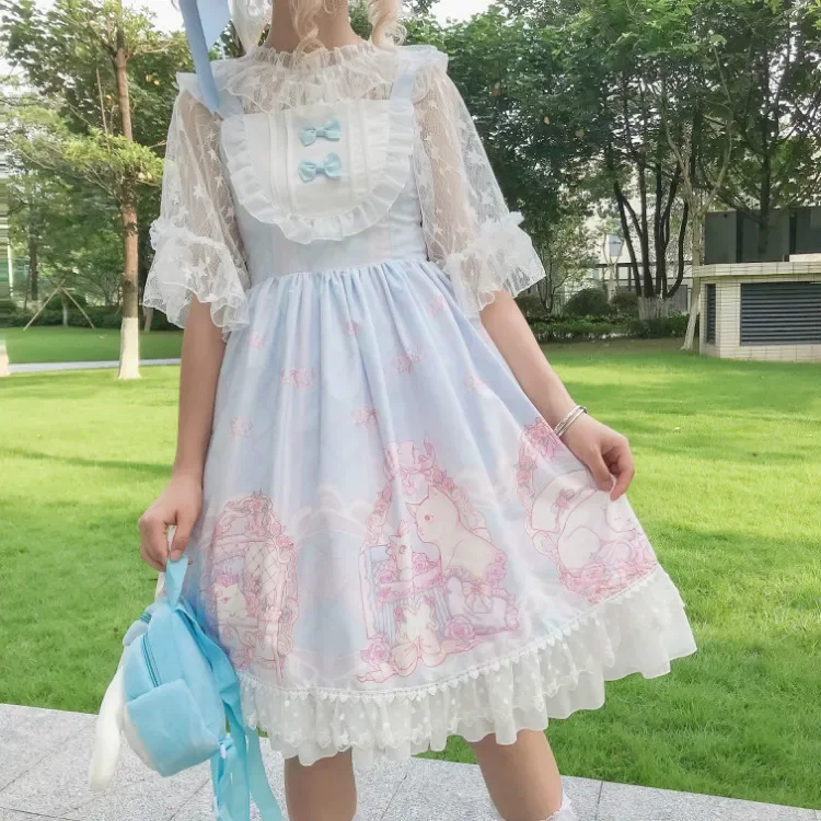 

Japanese Summer Women Skirt Lolita DressJsk Sweet Straped Dresses Female Girls Lace Ruffle Cat Loli Kawaii Carnival Party