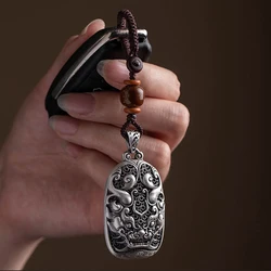 Mythical wild animal prosperous wealth and peace Electroplated Silver Keychain Totem Keyring Gift for Men Car Key Accessories
