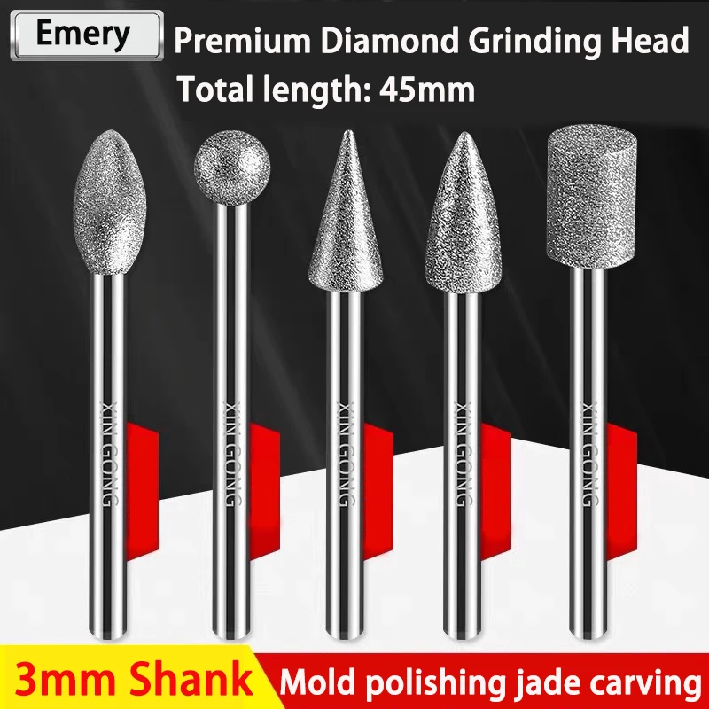 

3mm Shank Small Premium Grade Diamond Grinding Head Length: 45mm For All Kinds of Metal/Jade/Emerald/Glass/Tile/Stone