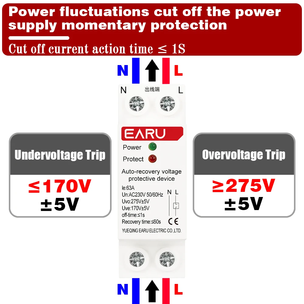 1P+N 27mm 40A 63A 230V Din Rail Automatic Recovery Reconnect Over Voltage and Under Voltage Protective Device Protection Relay