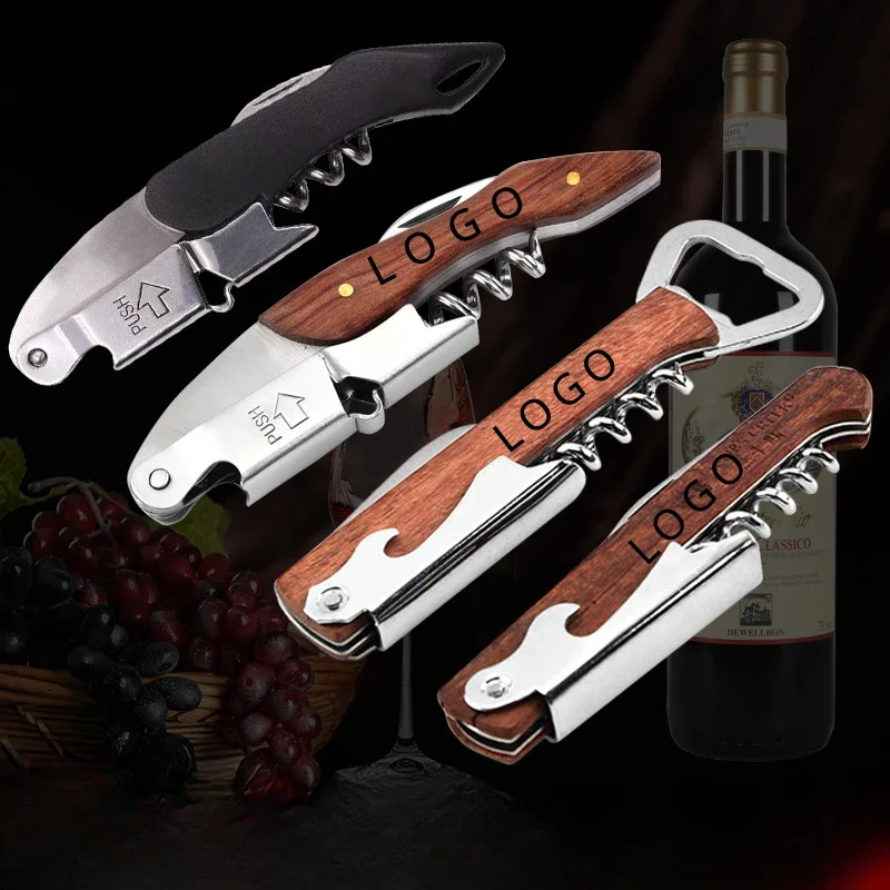 Customized LOGO Multi Functional Red Wine Beer Driver Knife Laser Engrave Wooden Bottle Opener Personalized Wood Stainless Steel