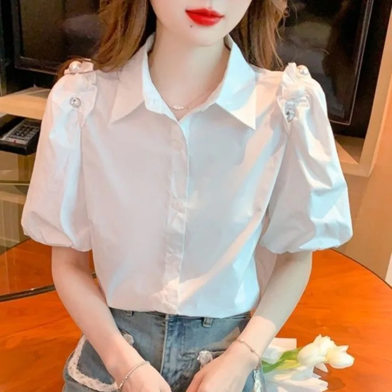 Fashion Solid Color Short Sleeve Shirts Tops Summer 2024 New Korean Commuter Polo-Neck Button Patchwork Beading Women\'s Blouses