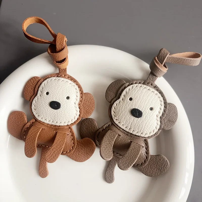Hand-sewn Genuine Leather Keychain Bag Charm Little Monkey Design Cute Accessory For Bags Car Keys And Backpacks A Perfect