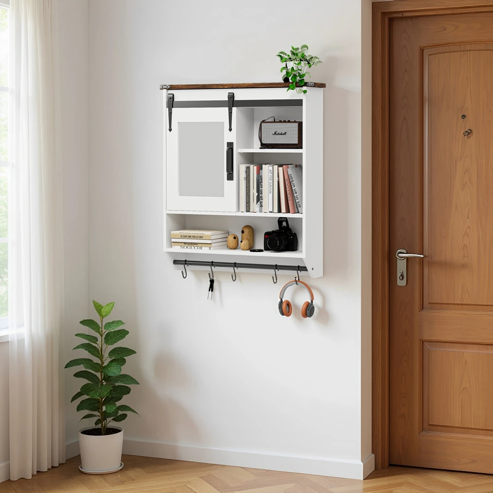 Bathroom Mirror Cabinet Wall Mounted Over Toilet Storage with Adjustable Shelf,Towel Bar & 5 Hooks,Also for Kitchen/Laundry