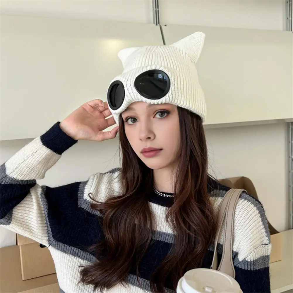 

Elastic Knit Hat Cat Ear Hat Cute Kitty Head Winter Hat with Goggle Decor Ball Detail Windproof Demon Cap for Women Warm