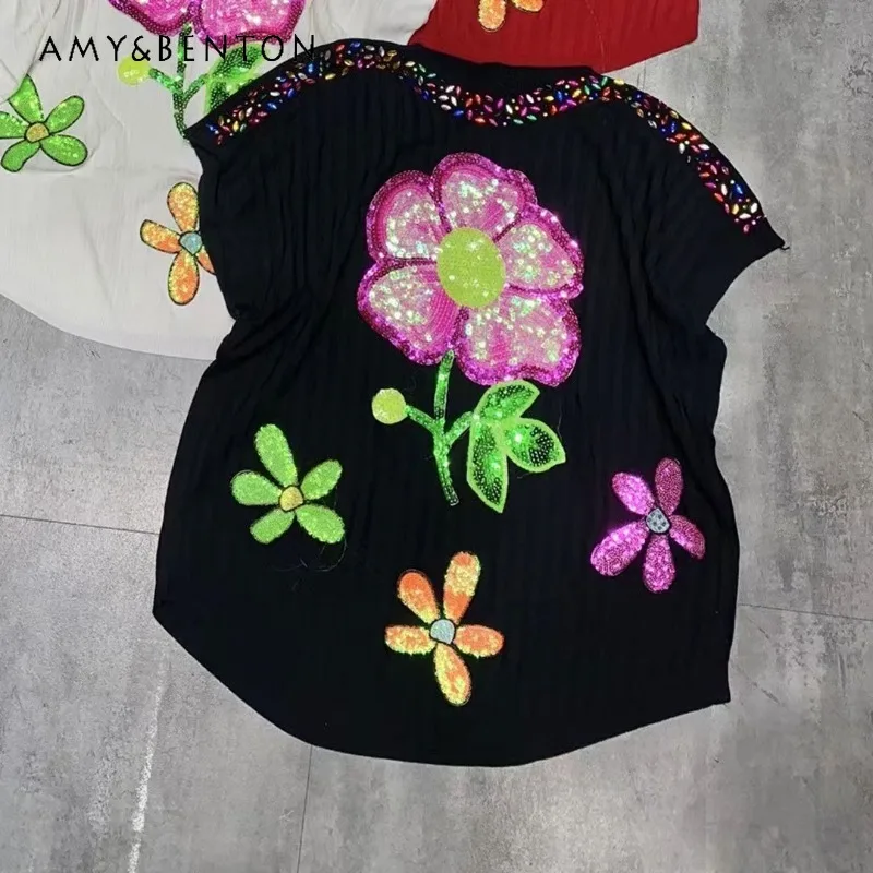 

2025 Summer New Sequined Flower Heavy Industry Bead T-shirt Women's Sleeveless Top Tshirts Black White Short-sleeves Chic Tees