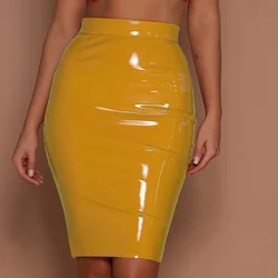 Women PU Leather Bodycon Skirt Gothic Black Wet Look Red Yellow Midi Skirt High Waist Ladies Sexy Skinny Pencil Mini Skirt