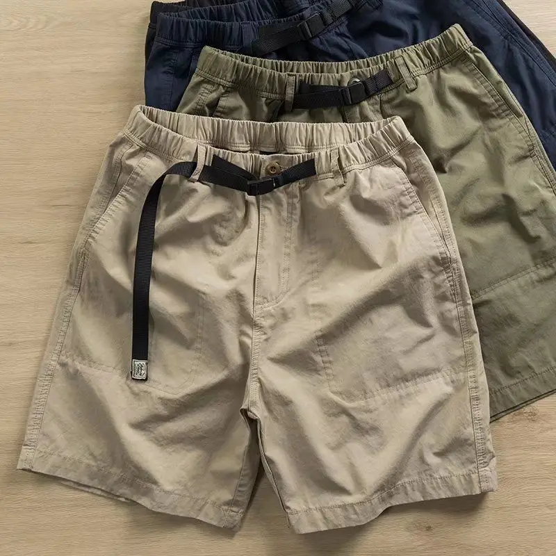 Summer Half Pants Trendy Brand American Retro Tooling Shorts Men's Loose Casual Buckle Washed Thin Elastic Waist Shorts Man