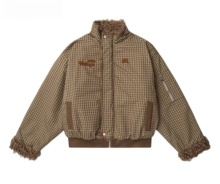 Outono inverno retro reversível gola xadrez café cor jaqueta de algodão americano high street cinza casaco de lã de cordeiro feminino