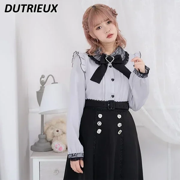 Japanese Style Rojita Lace Bow Puff Sleeve Shirts Women's Blouse Sweet Lace Lapel Button Up Shirt Top 2023 Spring/Summer Camisas