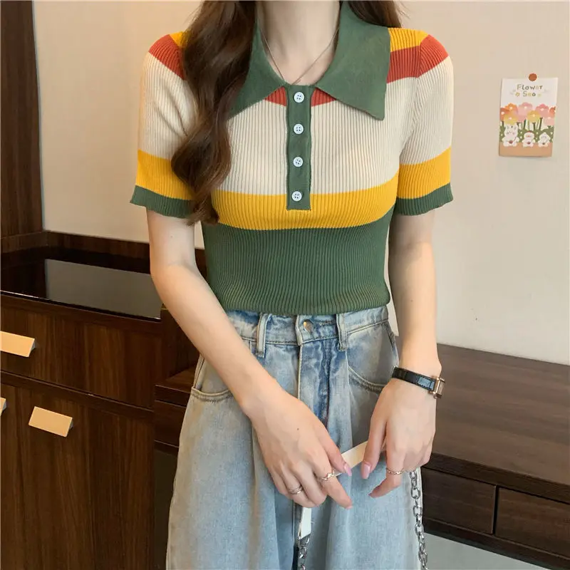 Cropped Top Y2k Camisetas Women Clothing Basic Streetwear T Shirts Ropa De Mujer Summer Fashion Polo Collar Button Striped Tees