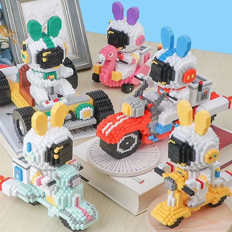 Funny Space Rabbit Astronaut Racing Car Building Blocks Motorcycle Scooter Model Mini Diamond Bricks Creative Toys for Children