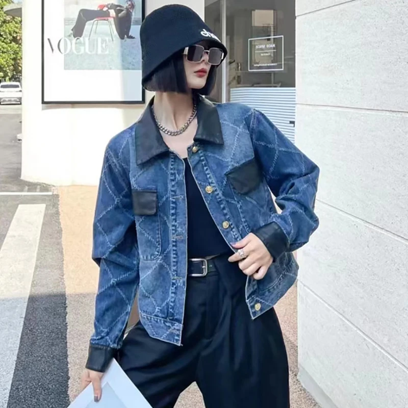 Harajuku Kontrast Farbe PU Leder Revers Patchwork Denim Mantel Herbst Beiläufige Lose Jeans Jacke Weibliche Schwarz Kamel Kurze Outwear