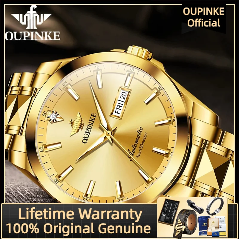 

OUPINKE 3223 Swiss Brand True Diamond Gold Men's Watch Top Luxury Tungsten Steel Stainless Steel Men Automatic Mechanical Watch
