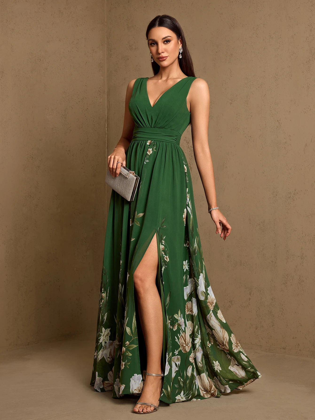 new-v-neck-a-line-floral-print-floor-length-gown-chiffon-wedding-bridesmaid-dress-side-slit-birthday-party-dress-in-dark-green