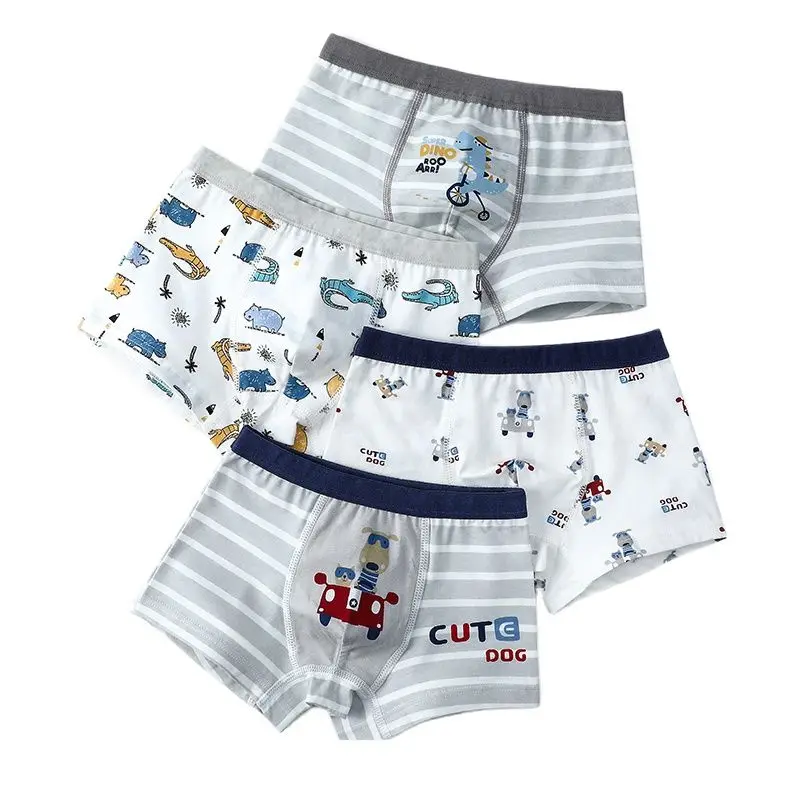 

4 Pieces Boys Boxers Underwear Cotton Teenage Cartoon Dinosaur Shorts Panties Children Cute Striped Underpants for Baby Boy New