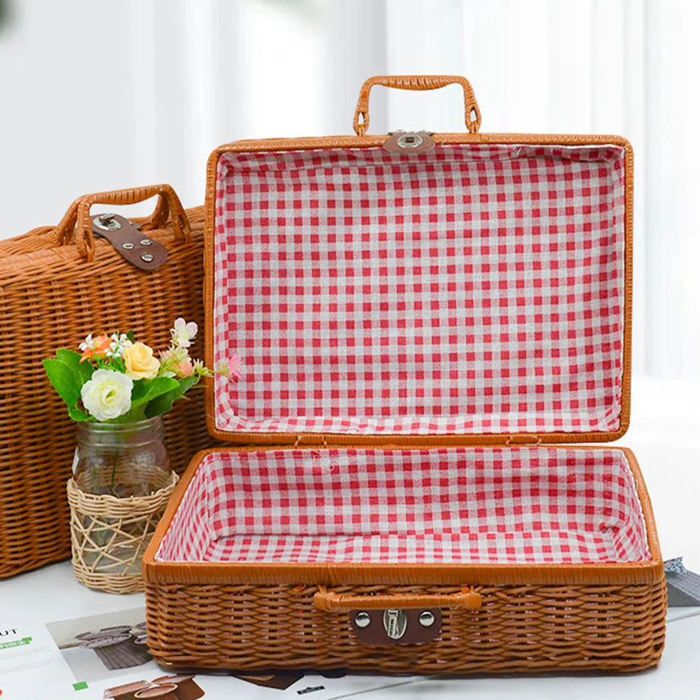 Portable Picnic Baskets Imitation Rattan Suitcase Storage Bins with Lids Simulated Handwoven Hamper Vintage Retro Basket Wicker