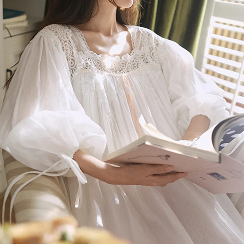 2024 Princess Victotria White Long Nightgowns French Sexy Lace Square Collar Nightdress Spring Full Sleeves Cotton Loose Nightie