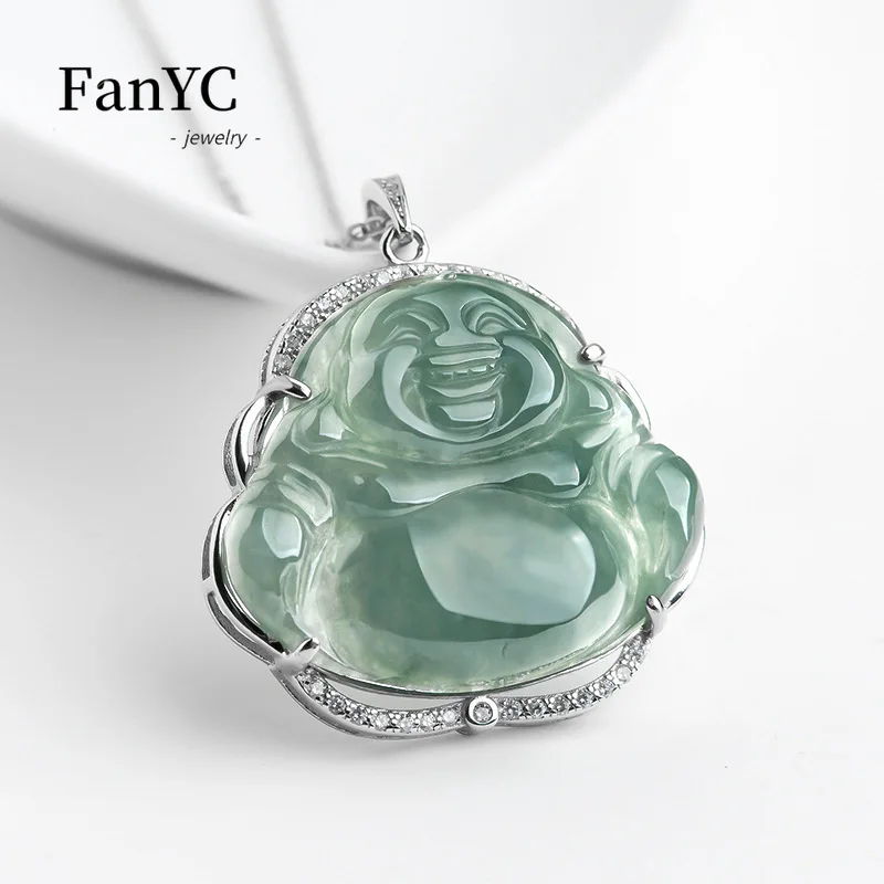 

Myanmar Jadeite Oil Green Maitreya Buddha Pendant S925 Silver Inlaid Exquisite Fashion Ice Jade Necklace Men &Women Holiday Gift