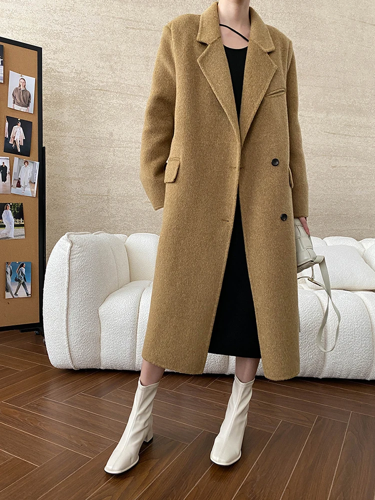 61% Wool Elegant Big Size Long Woolen Coat New Lapel Long Sleeve Women Jacket Fashion Tide Autumn Winter