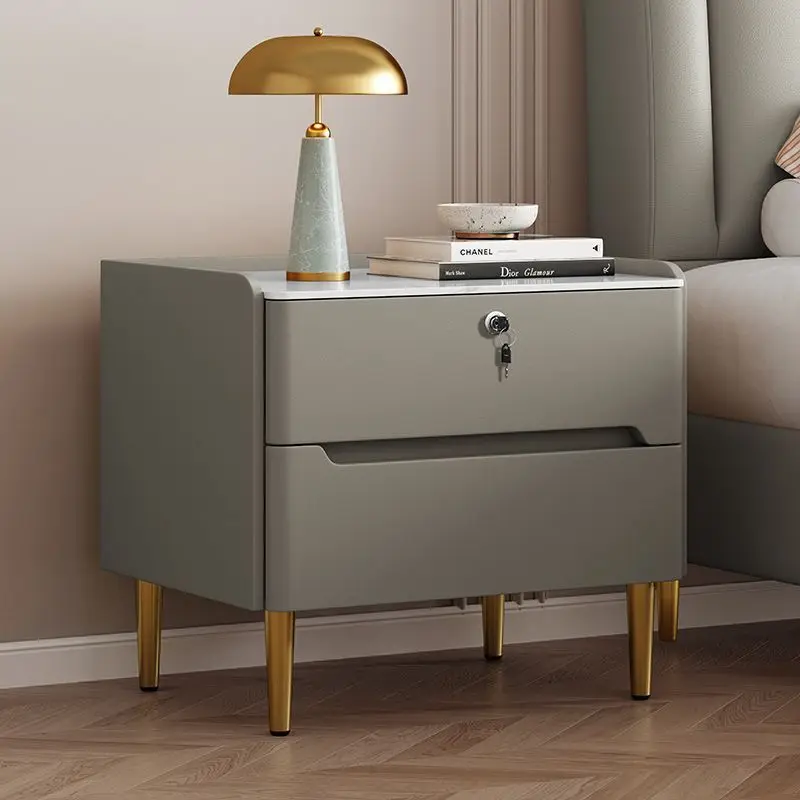 Home bedroom light luxury high-grade leather new rock slab storage bedside cabinet