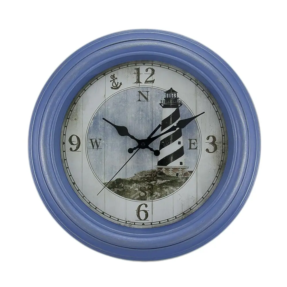 

Round Distressed Blue Framed Nautical Lighthouse Wall Clo 13 In.
