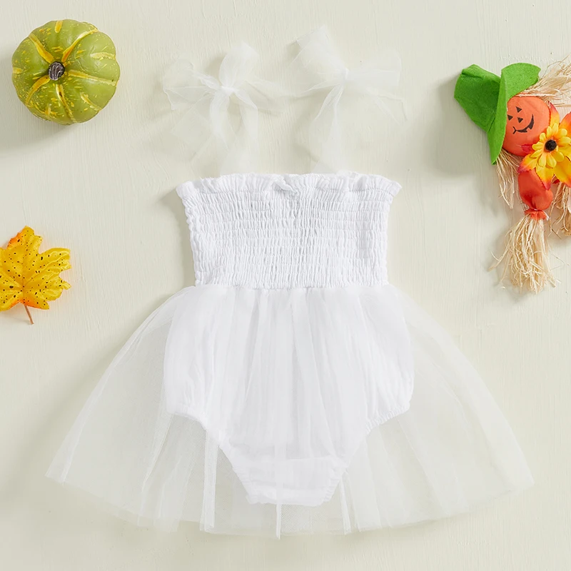 Baby Mädchen Halloween Stram pler Kleid Geist Stickerei Muster Krawatte Schulter gurt Tüll Skit Saum Overall