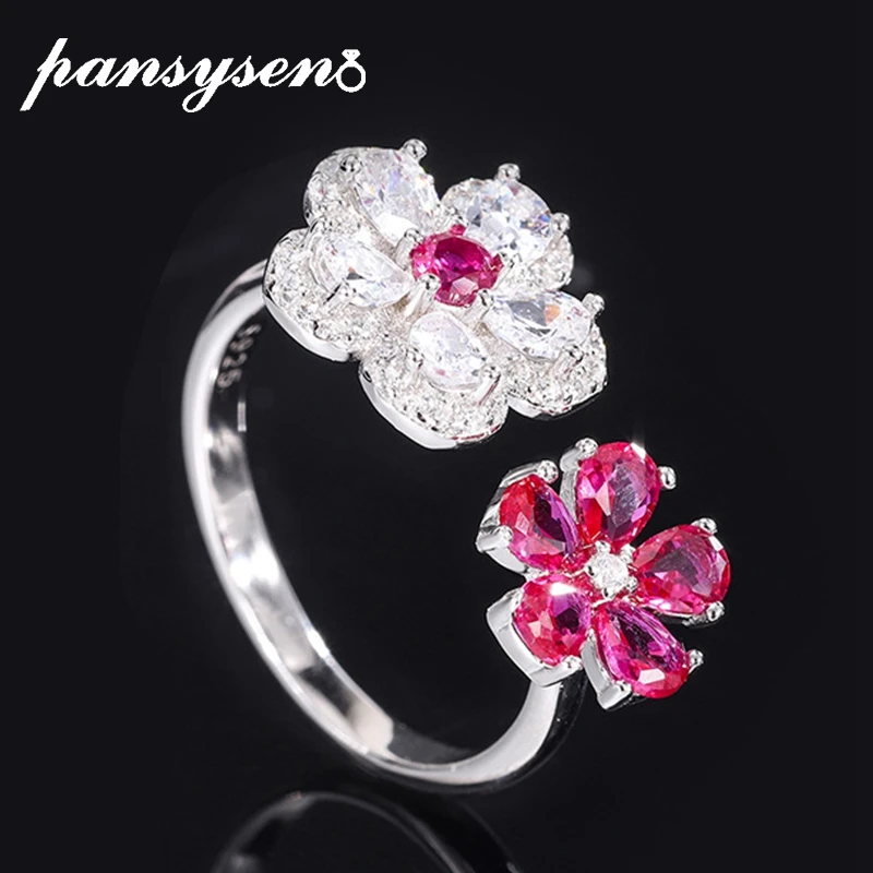 

PANSYSEN Luxury Flower Shape 925 Sterling Silver Ruby Aquamarine Gemstone Open Ring 18K White Gold Plated Wedding Fine Jewelry