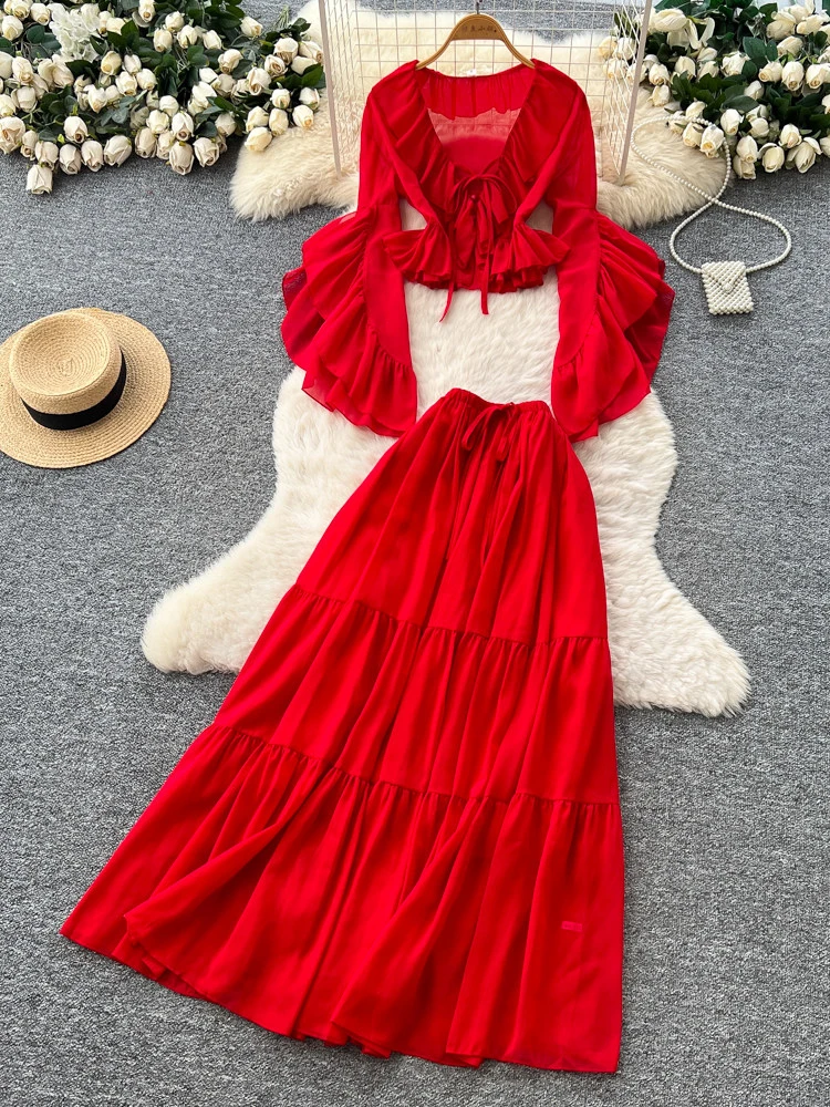 

Летний женский комплект для пляжного отдыха, новая сексуальная красная рубашка с рюшами и расклешенными рукавами, полуюбка, комплект из двух предметов S355