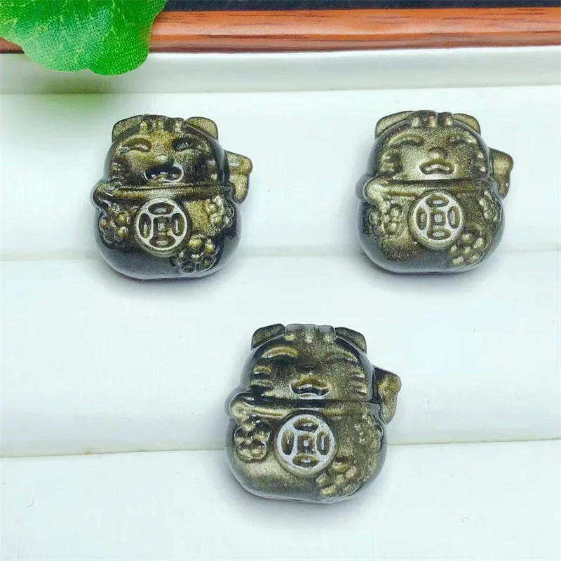 10pcs Natural Golden Obsidian Fortune Cat Carving Crystal DIY Necklace Women Jewelry Accessories Romantic Holiday Gift 21mm