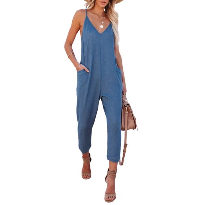 

Women's Summer Waffle Knit V Neck Spaghetti Strap Jumpsuit with Pockets Casual Loose Jumpsuit