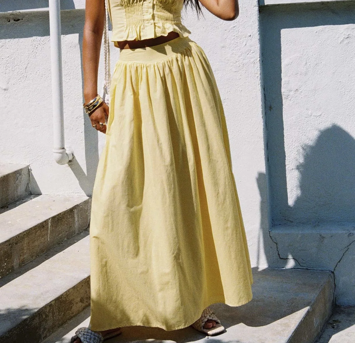 French Style Boho Summer Maxi Skirt Yellow White 100% Cotton A-line Casual Women Long Ruffle Y2K Vocation Ladies Skirt Falda New