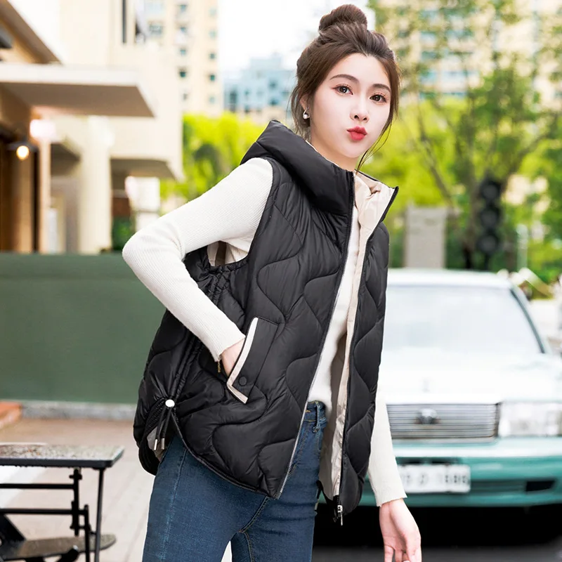 2024New Autumn Winter Warm Waistcoat Ladies Sleeveless Hooded Down Cotton Coat Women Outerwear Casual Puffer Vest Student Jacket