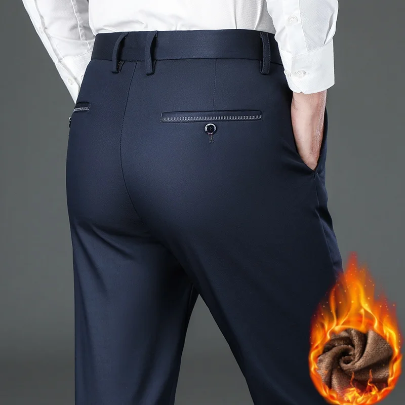 

Winter Wool Warm Men's Business Casual Pants Flannel Thick Hot Stretch Straight Trousers High Waist Slim Work Pants Navy Blue
