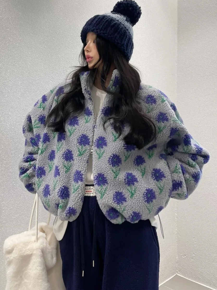 أنيقة الخريف الشتاء ort الأزهار منقوشة خمر تصميم الشعور أناقة المرأة Jaet Faionable ملابس خارجية للسيدات #1